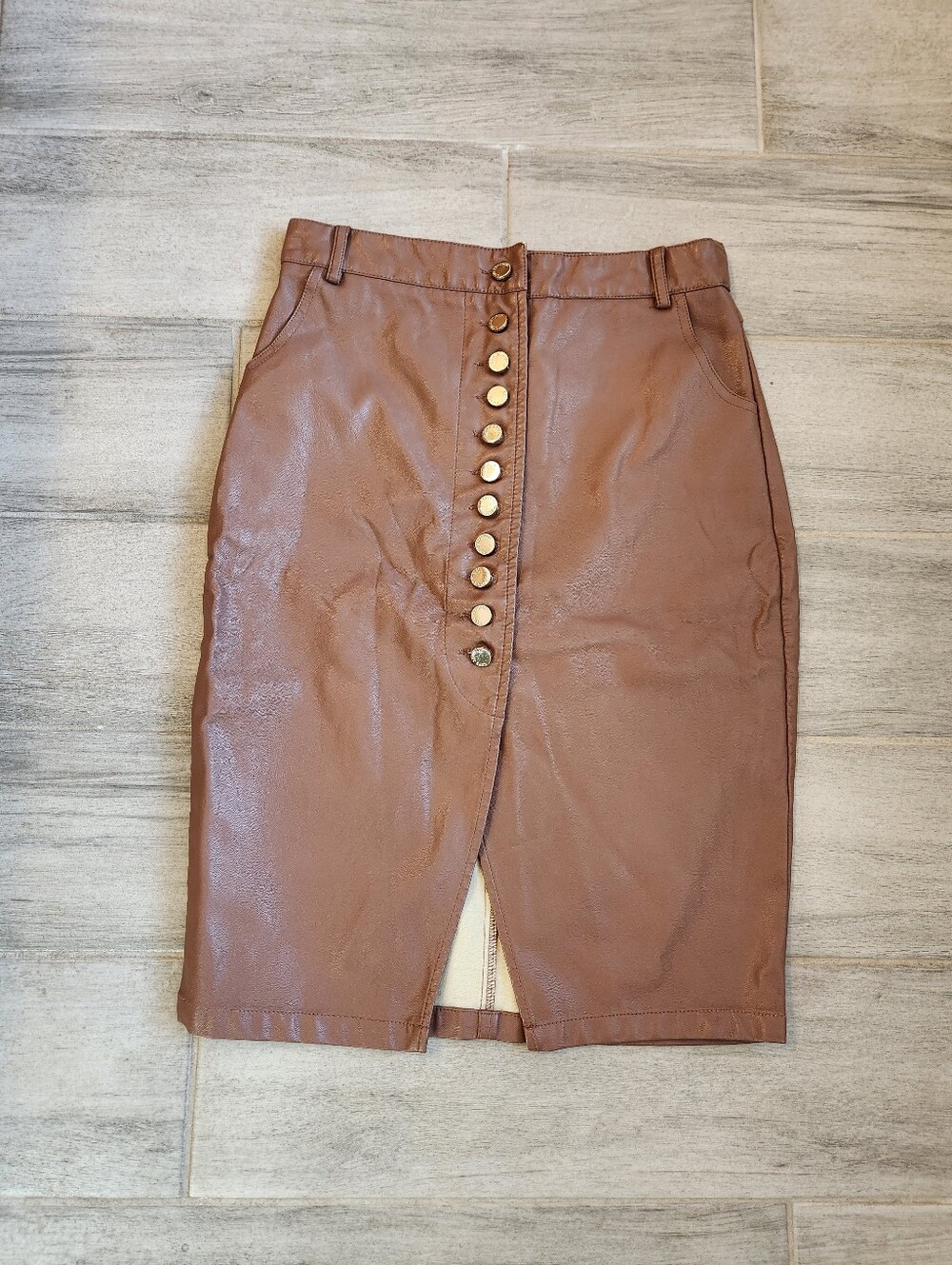 Love Republic Skirt 6 Brown Vegan Leather Pencil Knee Length Front Split Logo
